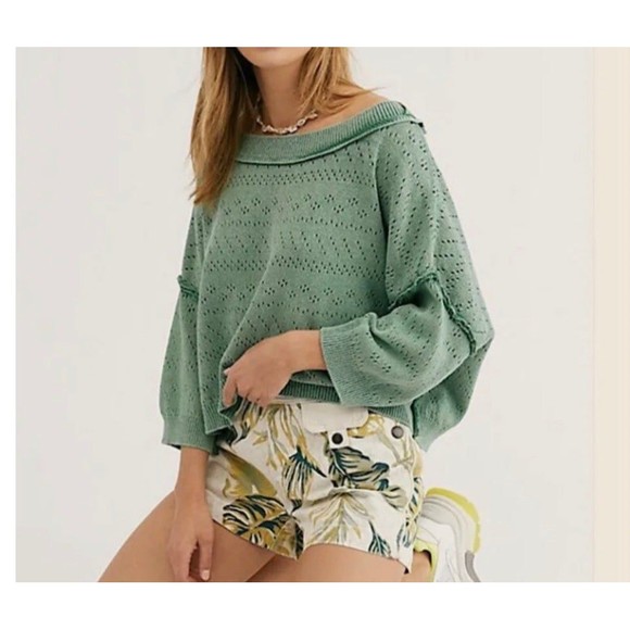 Free People Sand Castle Crop Sweater Deep Pacific Jungle Green M NWT - Picture 1 of 11
